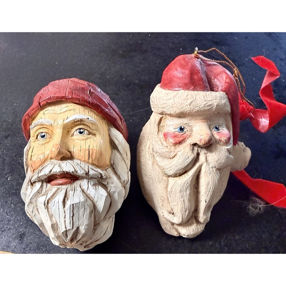 Vintage Folk Art Santa Head Ornaments Lot of 2 House of Hatten 1988 Hand Carved
